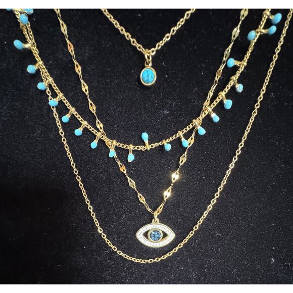 Gold Tone Layered 4-Chain Necklace Turquoise Charms & Evil Eye Pendant 22” N124 - Picture 2 of 3
